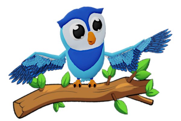 Blaue Eule auf einem Ast zeigt auf die Kontaktdaten