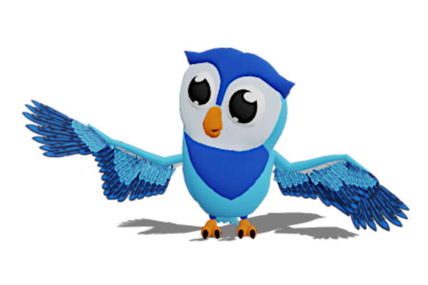 Blaue Eule zeigt mit dem Flügel auf das Video